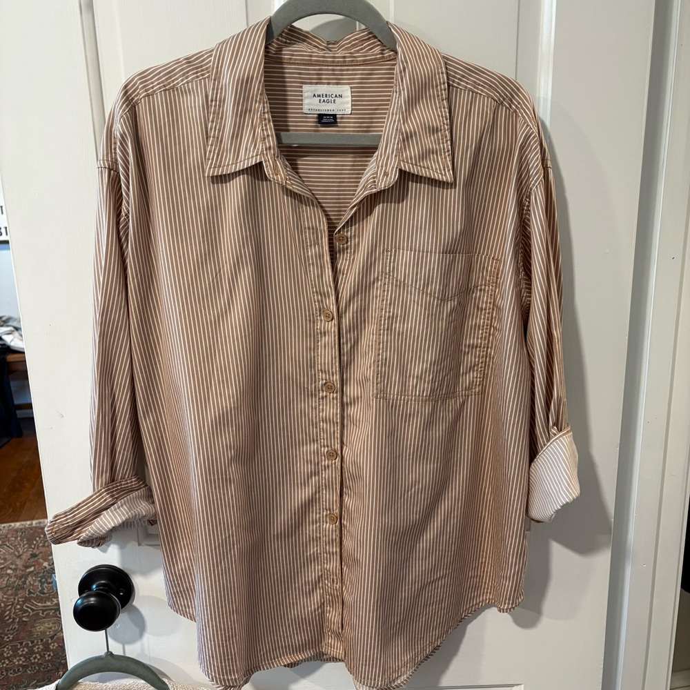 American Eagle Outfitters Women’s Tan Striped Button Down Shirt
